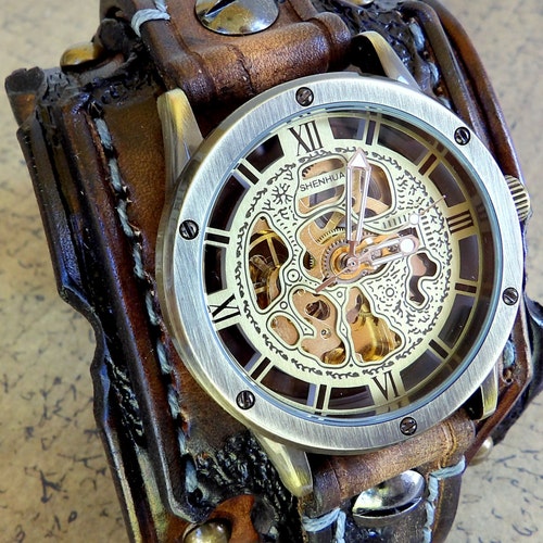 Men's Steampunk Wrist Watch Leather Watch Skeleton - Etsy Canada