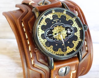 Gold Steampunk watch, Men's leather wrist watch, Brown cuff watch, bracelet, leather wrist cuff, Personalized watch, Engraved watch,