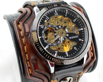 Reloj de pulsera de cuero para hombre, reloj Steampunk, reloj de puño de cuero, reloj de hombre, reloj de pulsera, pulsera de cuero ancha, regalo para el marido, personalizado
