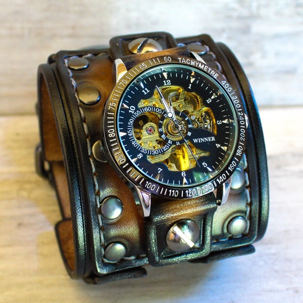 Lederen manchethorloge, herenhorloge, Steampunk horloge, aangepaste horlogeband, lederen horlogeband, polshorloge, mechanisch horloge, gepersonaliseerd cadeau