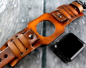 Men's apple watch band, Leather Apple Watch Cuff, Leather Apple Watch Series 4 5 6 7 8 9, Brown Apple Wristband, Women's Watch Cuff, CUSTOM