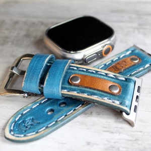 Ultra Apple Watch Band 49mm, Blue Men's Apple watch band, Leather apple watch band, Leather apple strap, iWatch band, Men's Ultra Band