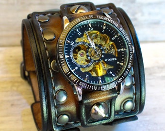 Leder Manschette Uhr, Herren Uhr, Steampunk Uhr, Benutzerdefinierte Uhrenarmband, Leder Armband, Armbanduhr, Mechanische Uhr, personalisiertes Geschenk