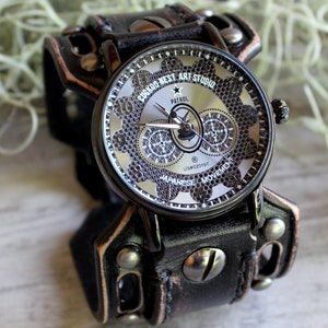 Steampunk Watch, Men's watch, Leather Watch Cuff, Leather Wrist Watch , Bracelet Watch, Mens Gift, Anniversary Gift, Black, Engraved watch image 1