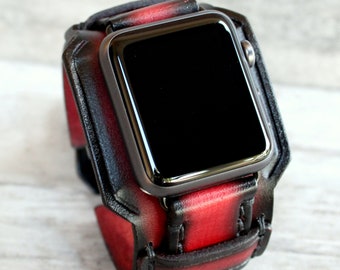 Red Apple Watch Band Leather Apple Watch Strap Leather Apple watch cuff 45mm 44mm 42mm 38mm 40mm 41mm Series 1-9 Wristband Bracelet iWatch