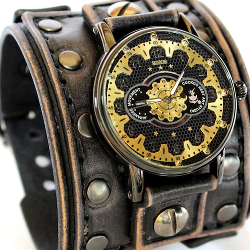 Mens Steampunk Watch Leather Bracelet Steampunk Cuff Etsy