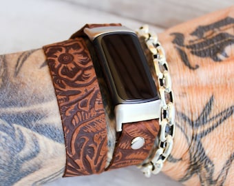 Tooled Leather Fitbit Charge 6 Wrap Band, Double Wrap Fitbit Charge 3/4/5/6 band Leather Fitbit Band, Fitbit strap, Brown leather watch band