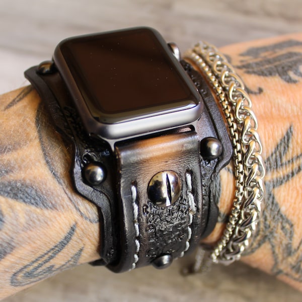 Steampunk Apple Watch Band, Leather Apple Watch Cuff, Brown Apple Watch Strap, 42mm, 45mm Apple watch band, Riveted leather band, Series 1-9