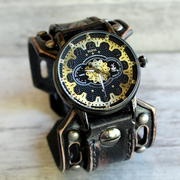 Leather Watch, Men's watch, Steampunk Watch, Personalized watch, Men's Cuff Watch, Riveted leather band, Custom watch strap, Gift for Him