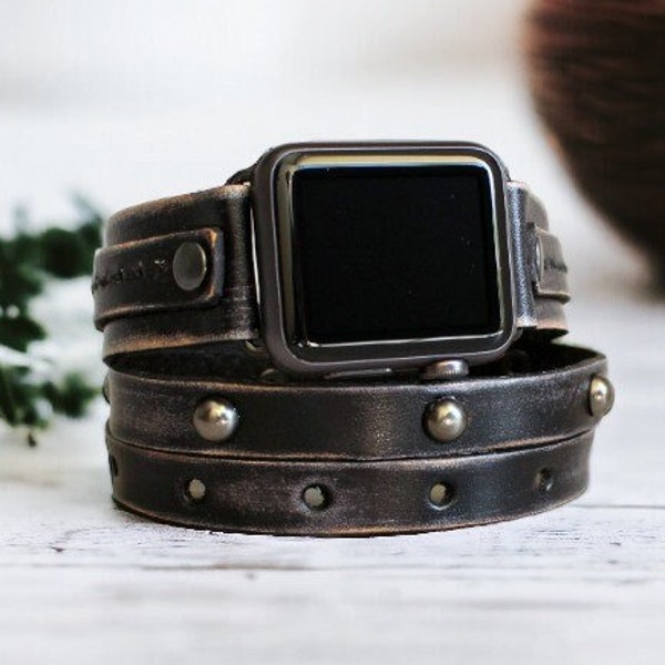 Black Leather apple watch band 38mm 40mmmmm 41mm 42mm 44mm 45mm 49mm Leather Wrap Watch, iWatch Band Leather, Apple Watch Bracelet,