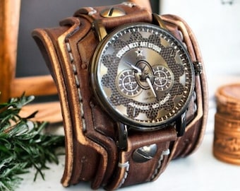 Men's leather watch, Leather watch cuff, Leather bracelet, Wide watch band, Engraved leather watch, Gift for Him