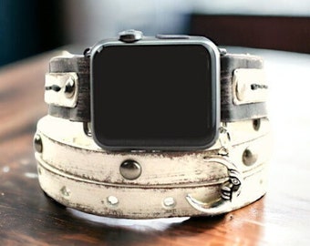 Black and White Leather Apple Watch Band 38mm 40mm 41mm 42mm 44mm 45mm 49mm unisex iWatch Strap Bracelet Series 9 8 7 6 5 4 3 SE