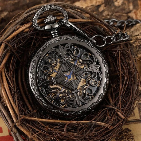 Black Pocket Watch, Steampunk Pocket Watch, Skeleton Pocket Watch, Mechanical Watch, Vintage Style Pocket Watch, Personalized Gift for Him