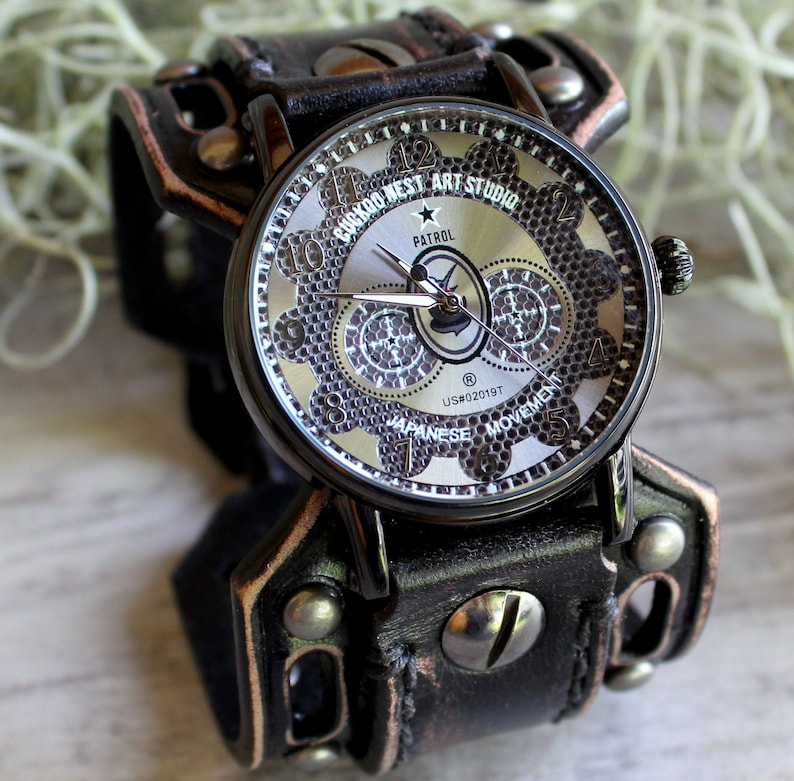 Steampunk Watch, Men's watch, Leather Watch Cuff, Leather Wrist Watch , Bracelet Watch, Mens Gift, Anniversary Gift, Black, Engraved watch image 1