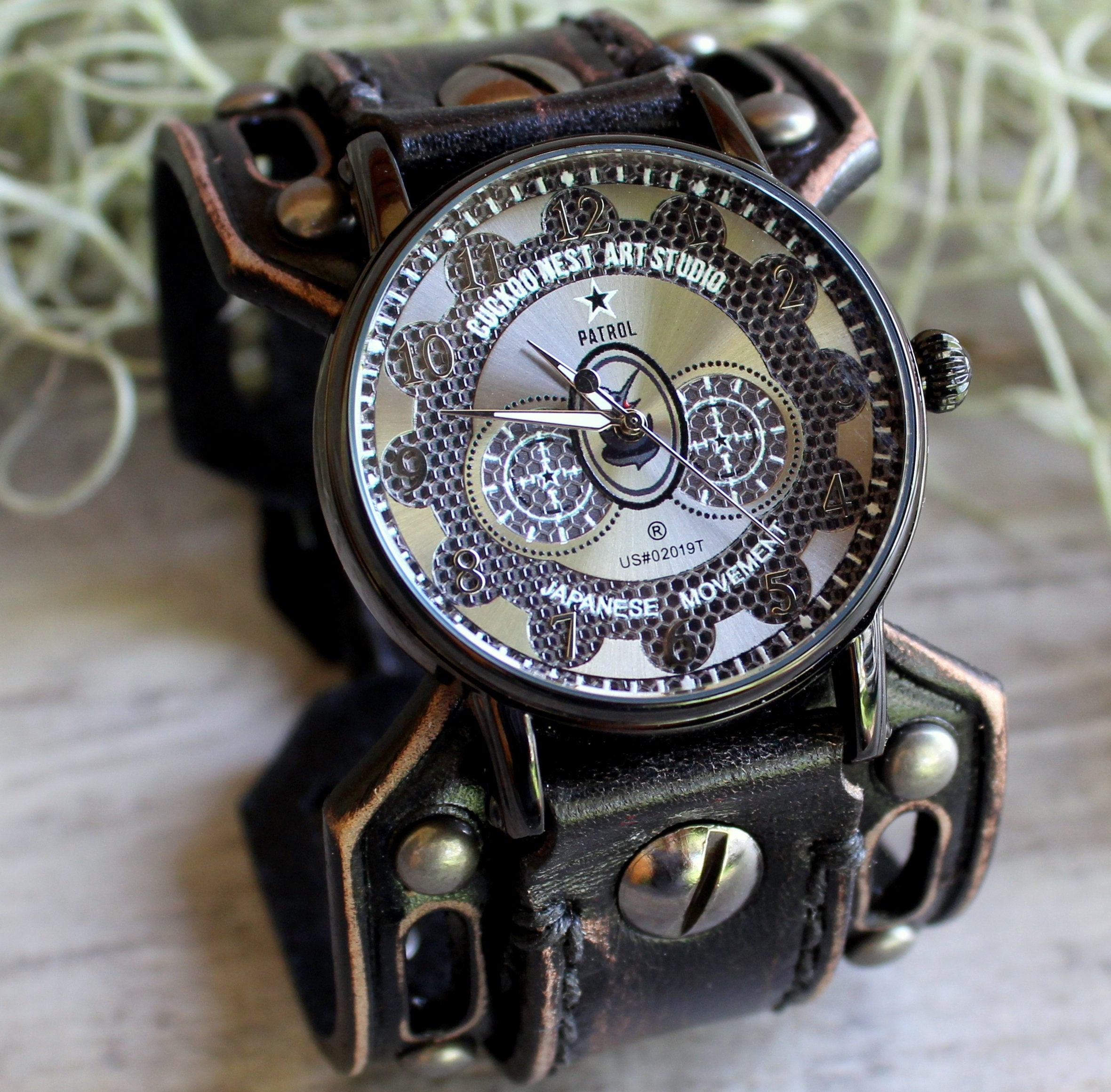 Steampunk Watch, Men's Watch, Leather Watch Cuff, Leather Wrist Watch ,  Bracelet Watch, Mens Gift, Anniversary Gift, Black, Engraved Watch 