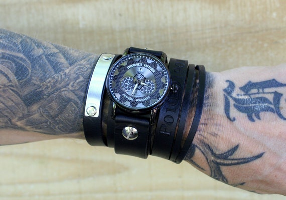 Leather Cuff Watch, Men's Watch, Steampunk Watch, Custom Watch Strap,  Leather Watch Band, Wrist Watch, Mechanical Watch, Personalized Gift 