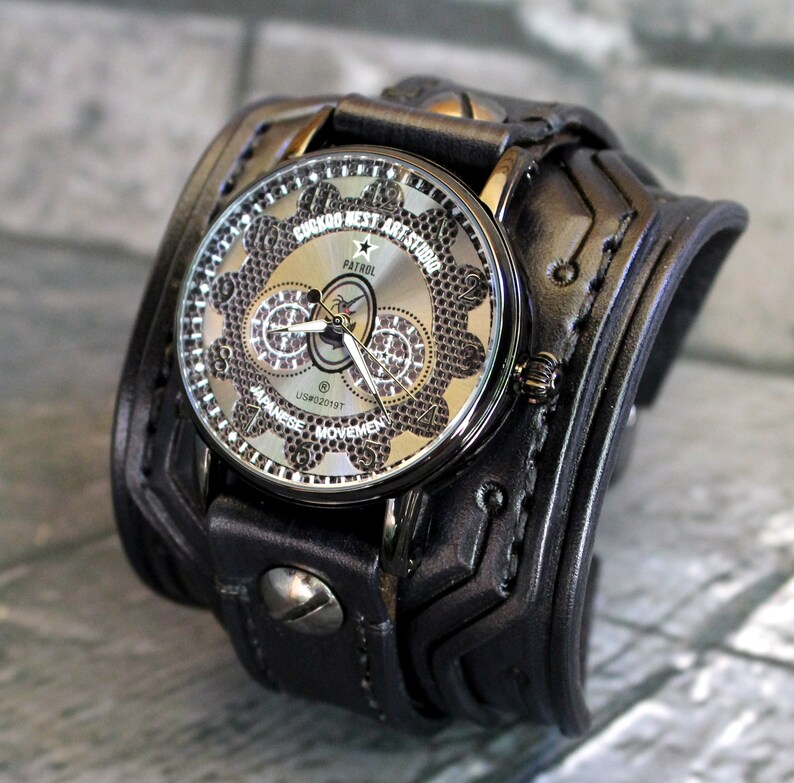 Black Leather Wrist Watch Mens Leather Cuff Watch Steampunk Etsy