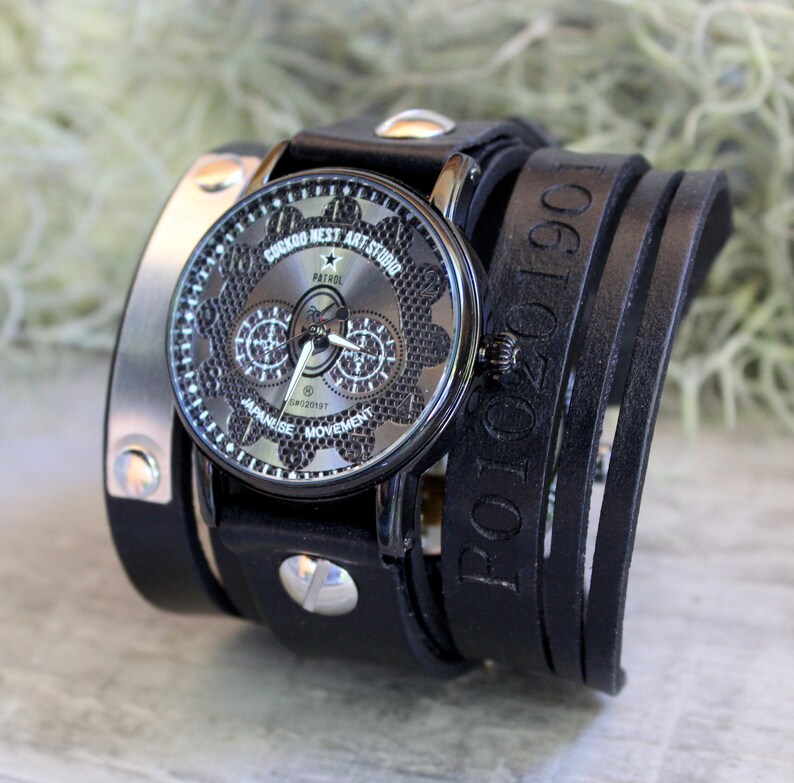 Men's Watch Engraved Watch Leather Cuff Watch Steampunk Etsy