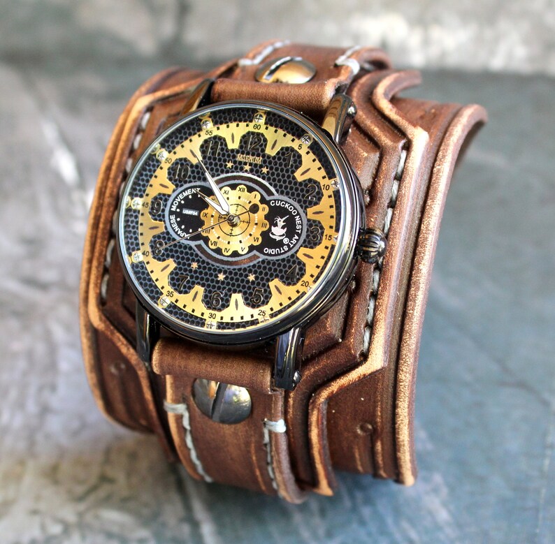 Steampunk Watch Leather Watch Cuff Men's Wrist Watch Etsy