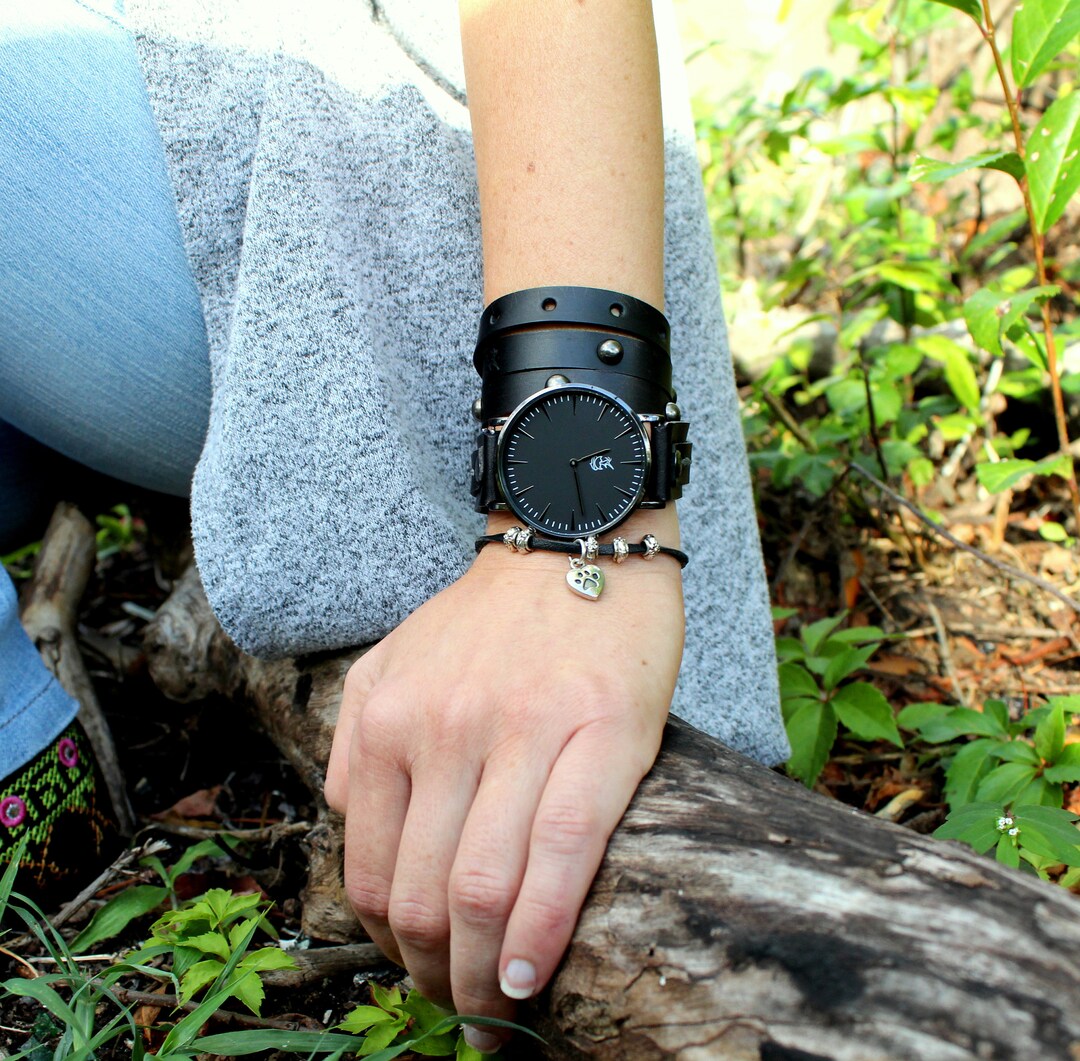 Black Leather Wrist Watch Leather Wrap Bracelet for Women Etsy