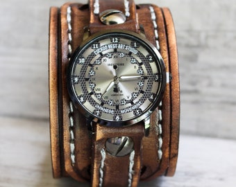 Steampunk Leather Cuff Watch|Medium Brown