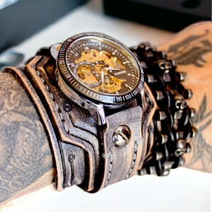 Steampunk Watch, Men's Leather Watch, Mechanical Watch, Wide leather cuff watch, Leather Watch, Men's Cuff Watch, 3rd Anniversary gift, Gray image 4