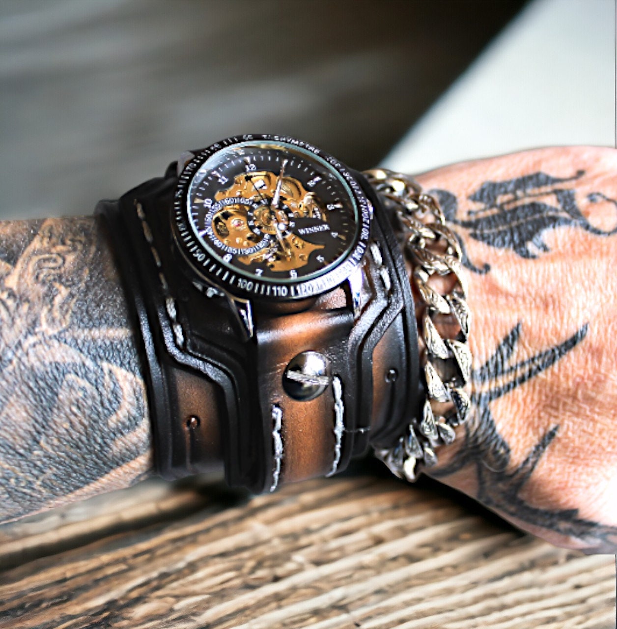 Men s Steampunk Wrist Watch Leather Watch Skeleton watch Leather Cuff Watch Bracelet Watch Leather watch band Personalized Watch Custom