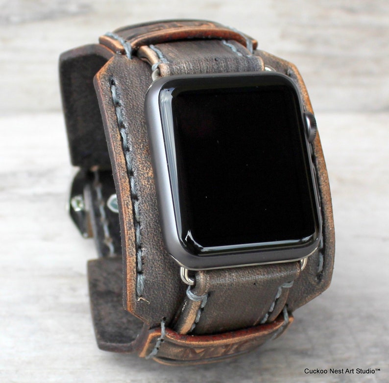Gray Leather Apple Watch Band Men's Apple Watch Cuff Etsy