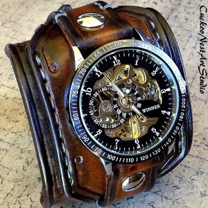 Men's Steampunk Wrist Watch, Leather Watch, Skeleton watch, Leather Cuff Watch, Bracelet Watch, Leather watch band, Brown, Mechanical watch