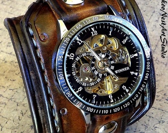 Herren Steampunk Armbanduhr, Lederuhr, Skelett Uhr, Leder Manschette Uhr, Armbanduhr, Lederarmband, Mechanische Uhr, Braun