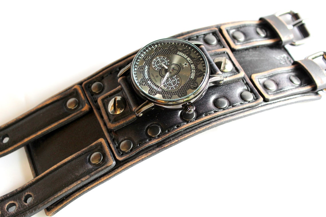 Leather Watch Cuff for Men Wide Watch Band Black Watch Etsy