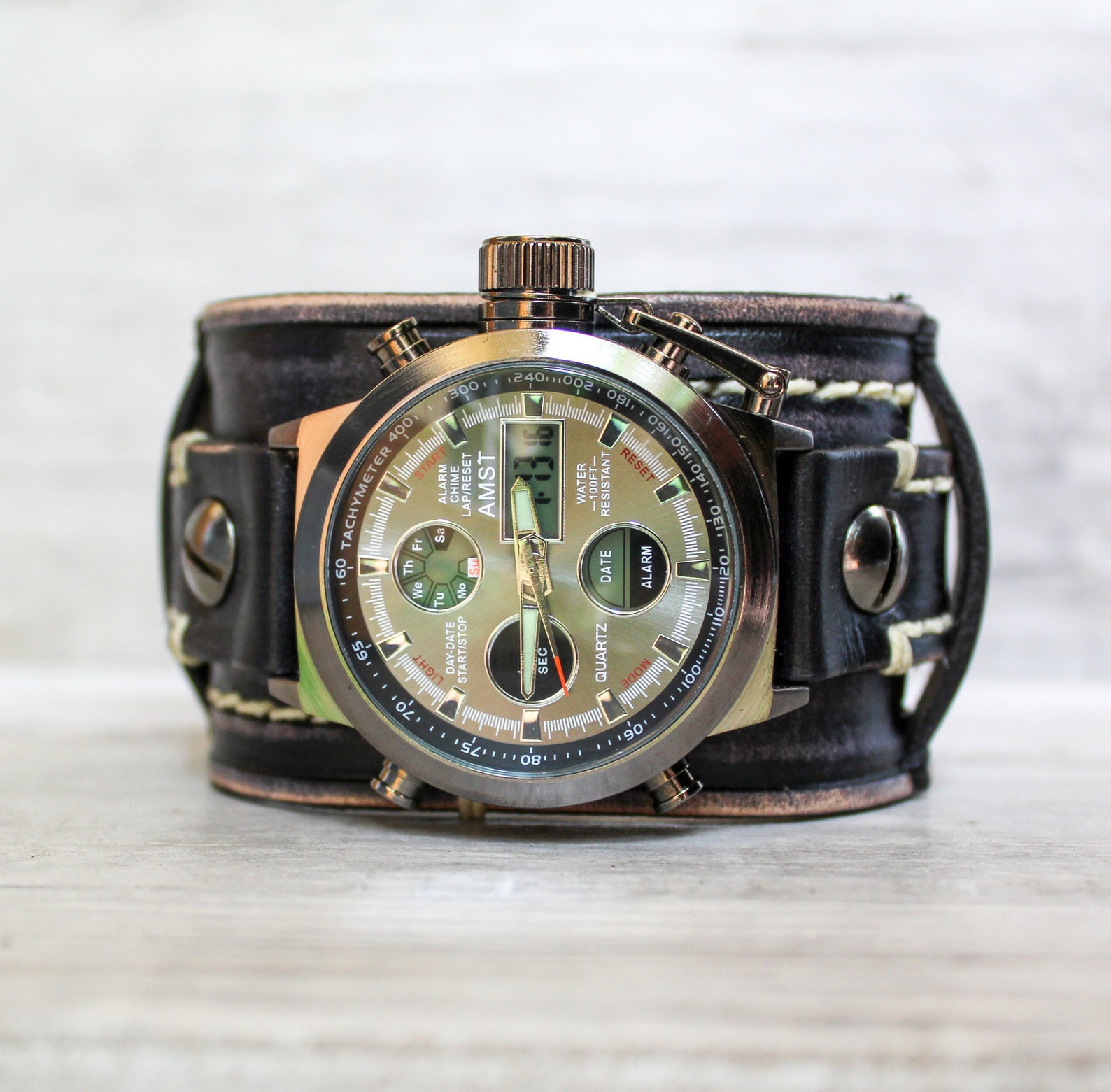 Men's Digital Leather Cuff Watch Brown Handmade Leather Etsy