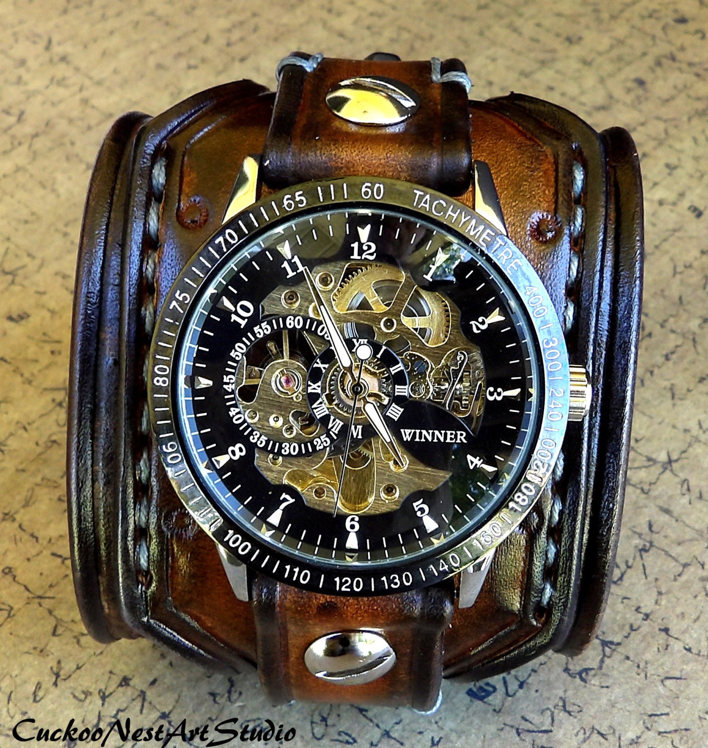FANMIS Men's Steampunk Bronze Skeleton Self-Winding Automatic Mechanical  Brown Leather Wrist Watch