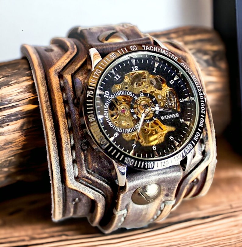 Steampunk Watch, Men's Leather Watch, Mechanical Watch, Wide leather cuff watch, Leather Watch, Men's Cuff Watch, 3rd Anniversary gift, Gray image 2