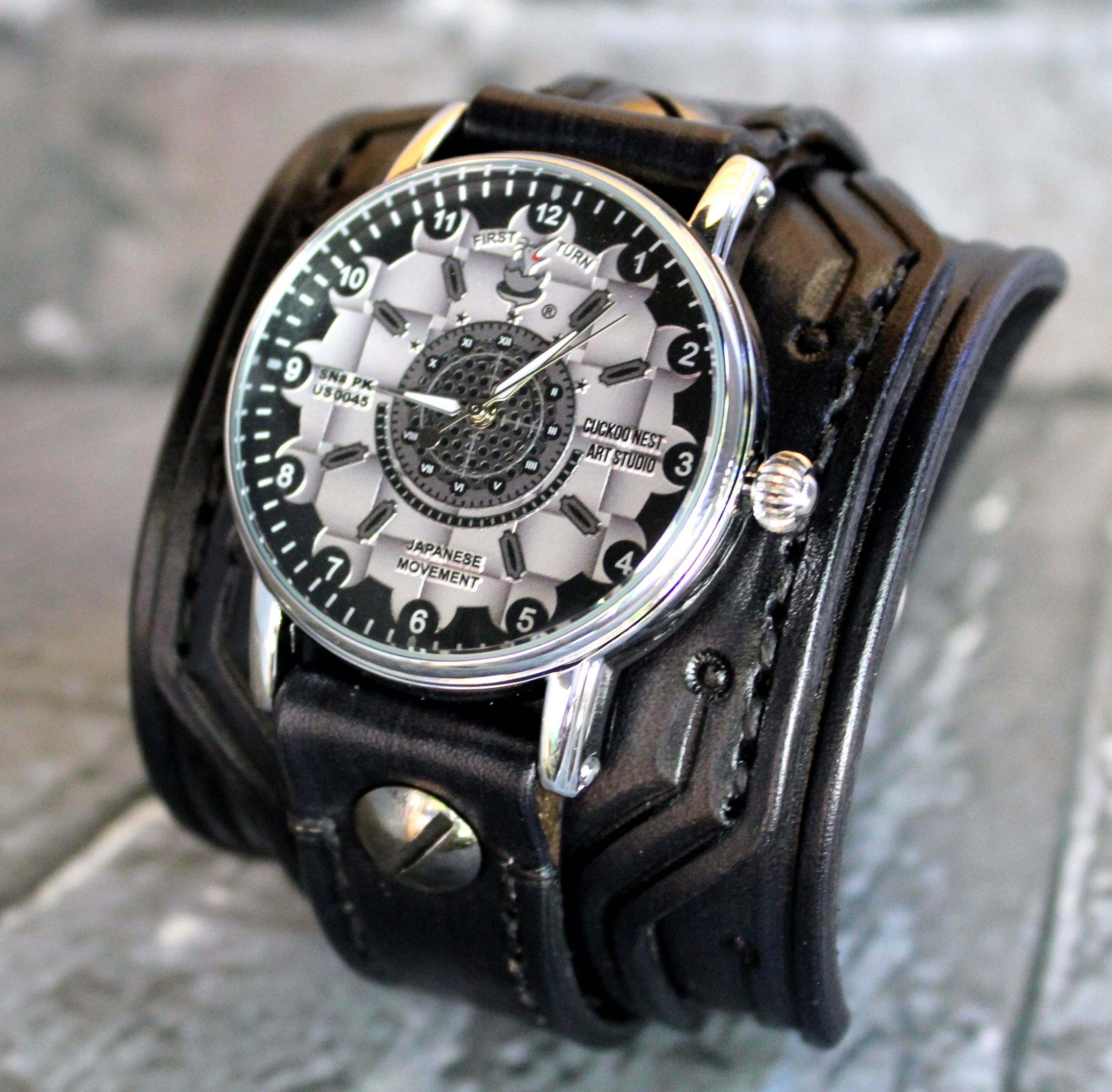 Black leather watch cuff Men's leather watch Steampunk Etsy