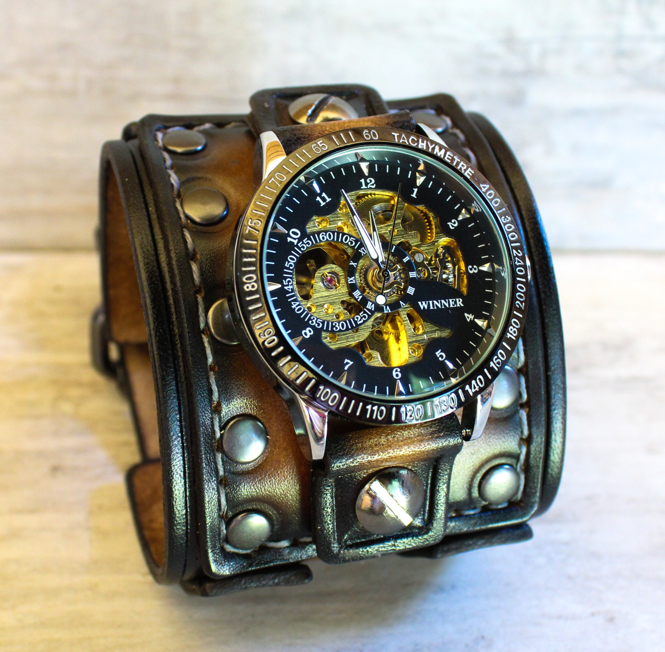 Mens Steampunk Watch, Leather Bracelet, Black Leather Watch -  Norway