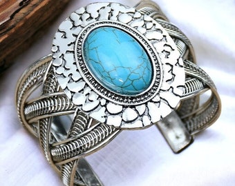 Turquoise Boho Silver Cuff Bracelet, Turquoise Bohemian Bracelet, Women's Silver Bracelet, Silver Wide Turquoise Bracelet Gift for Her