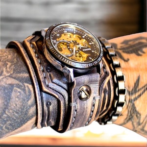 Steampunk Watch, Men's Leather Watch, Mechanical Watch, Wide leather cuff watch, Leather Watch, Men's Cuff Watch, 3rd Anniversary gift, Gray image 1