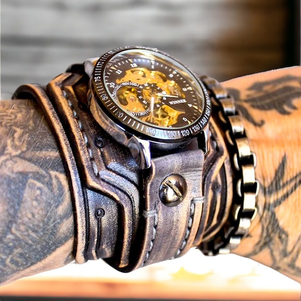 Steampunk Watch, Men's Leather Watch, Mechanical Watch, Wide leather cuff watch, Leather Watch, Men's Cuff Watch, 3rd Anniversary gift, Gray