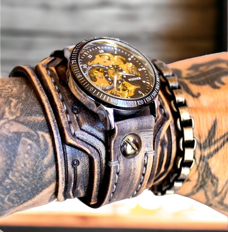 Steampunk Watch, Men's Leather Watch, Mechanical Watch, Wide leather cuff watch, Leather Watch, Men's Cuff Watch, 3rd Anniversary gift, Gray image 1