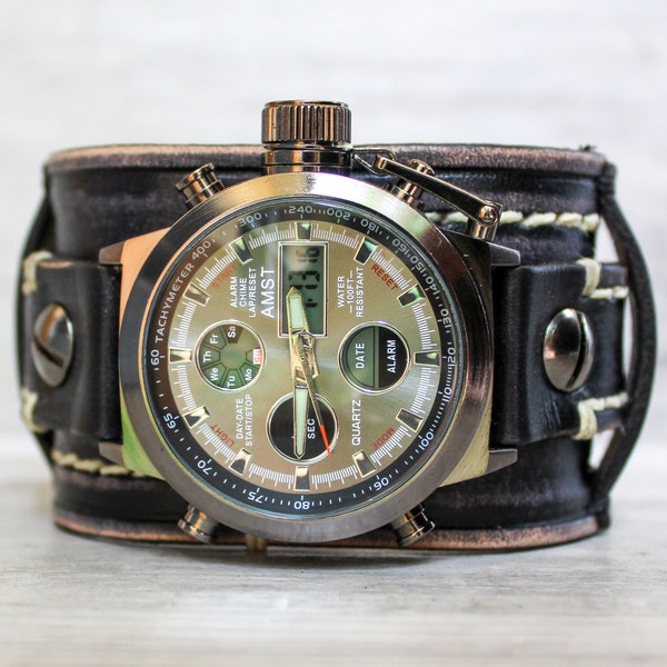 Men's Digital Watch, Custom Watch, Wide Leather Cuff, Vintage Black Wristwatch, handmade, Distressed, Boyfriend gift, Anniversary gift