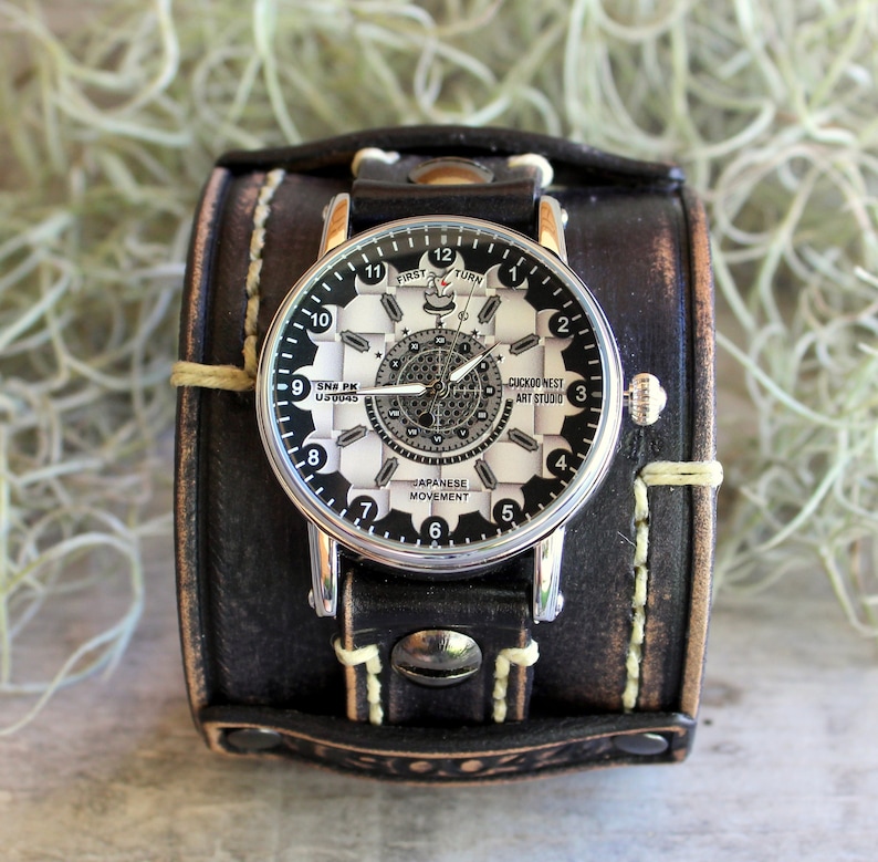Men's leather cuff watch Black leather watch Steampunk Etsy