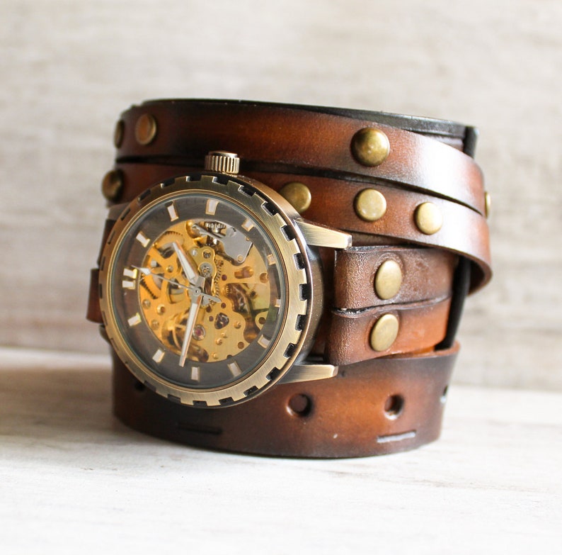 Men's leather watch, Steampunk watch, Vintage wrist watch, Mechanical Watch, Brown leather cuff, Watch cuff, Leather bracelet, Watch band image 4