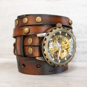 Men's leather watch, Steampunk watch, Vintage wrist watch, Mechanical Watch, Brown leather cuff, Watch cuff, Leather bracelet, Watch band image 5