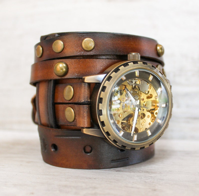 Men's leather watch, Steampunk watch, Vintage wrist watch, Mechanical Watch, Brown leather cuff, Watch cuff, Leather bracelet, Watch band image 5