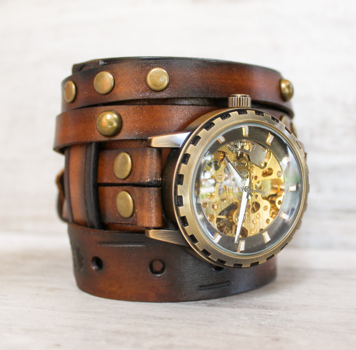Unbrand Retro Bronze Mechanical Watch Men Vintage Leather Strap Skeleton Steampunk Watches Self Wind Automatic Wristwatch Mens - Mechanical