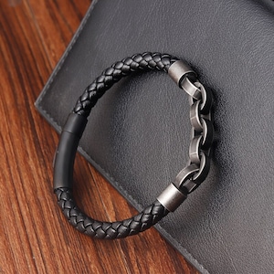 Black Leather Bracelet, Stainless Steel Chain Bracelet, Men's Braided ...