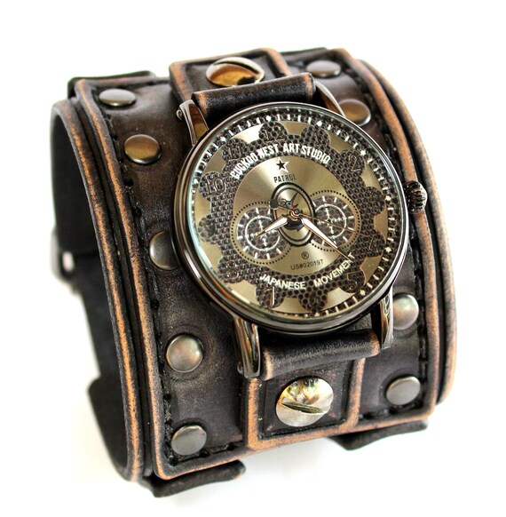 Lederen horloge manchet voor mannen Brede horlogeband Zwarte | Etsy België