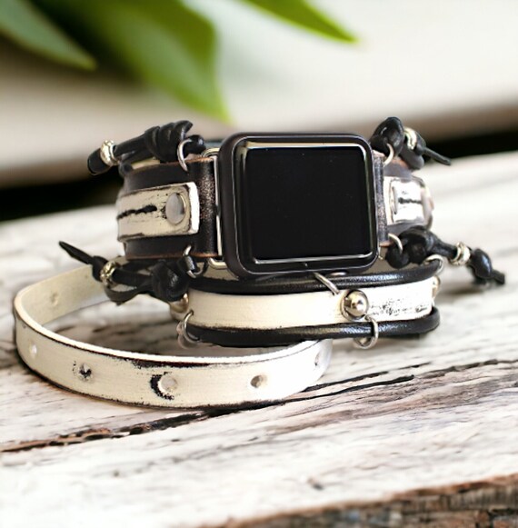 Women s Apple Watch Band Leather wrap around watch Black and White Apple watch strap 38mm apple band 40mm 42mm 44mm Anniversary gift