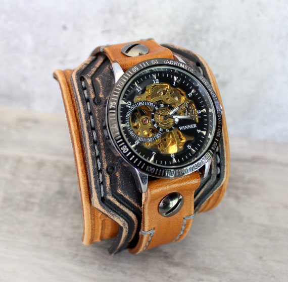 Men's Steampunk Wrist Watch, Leather Watch, Skeleton Watch, Leather Cuff  Watch, Bracelet Watch, Leather Watch Band, Brown, Mechanical Watch 